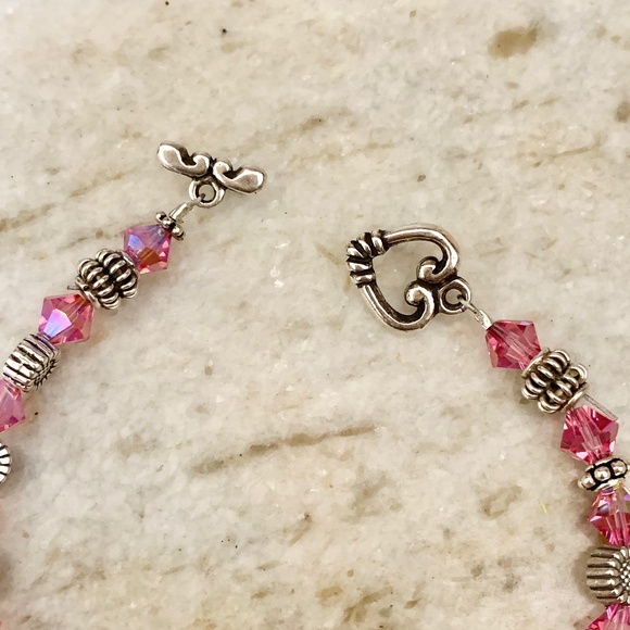 Pink Rose AB Crystals with Daisy Sterling Silver Bracelet #handmade - Picture 4 of 5